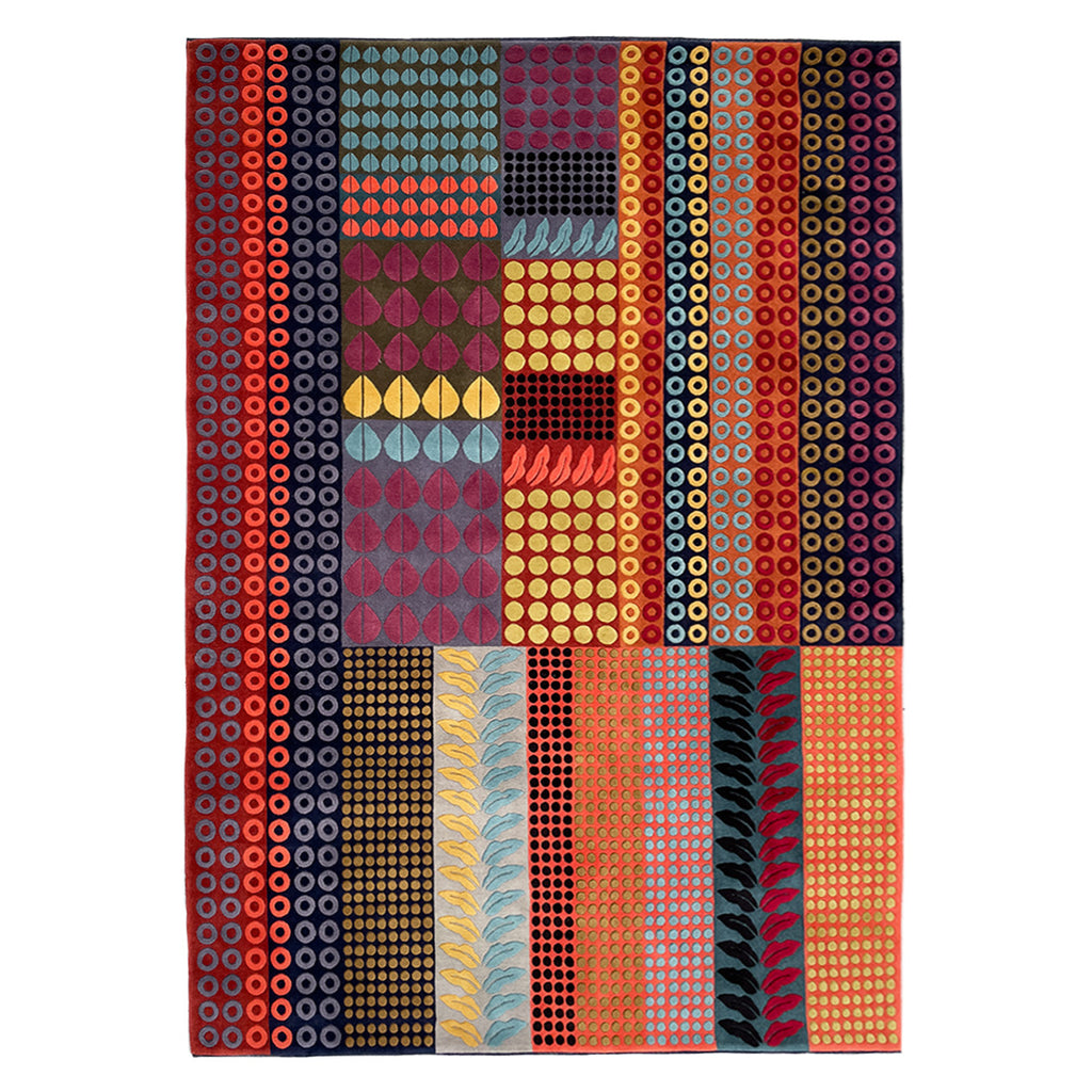 geometric rug, autumnal coloured rug, autumnal rug, dotted rug, orange dotted rug, modern rug, designer rug, red rug, luxury rug 