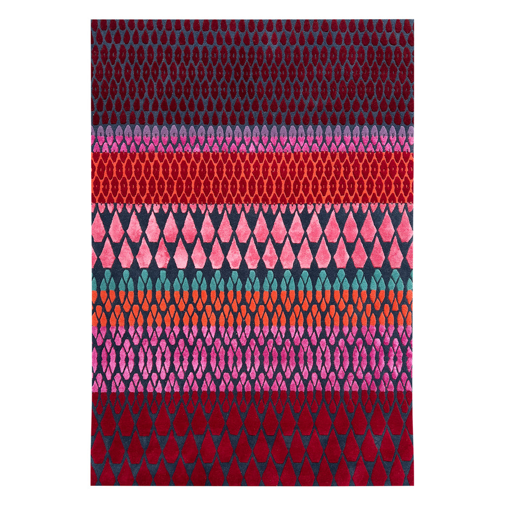 Geometric pattern, colourful rugs, designer rugs, luxury rugs, wool rugs, geometric rug, modern rug, red rug, pink rug, diamond shape rug, tufted rug, pink ombre rug 