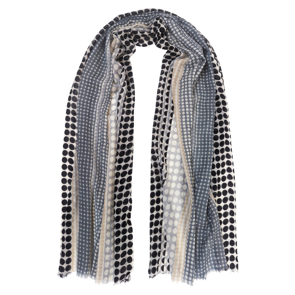Lightweight wool scarf with a black and white monochrome polka dot pattern