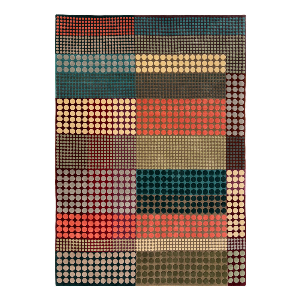 luxury rug, geometric rug, modern rug, hand knotted, designer rug, autumnal rug, orange rug, green rug, dotted rug, dotty rug 