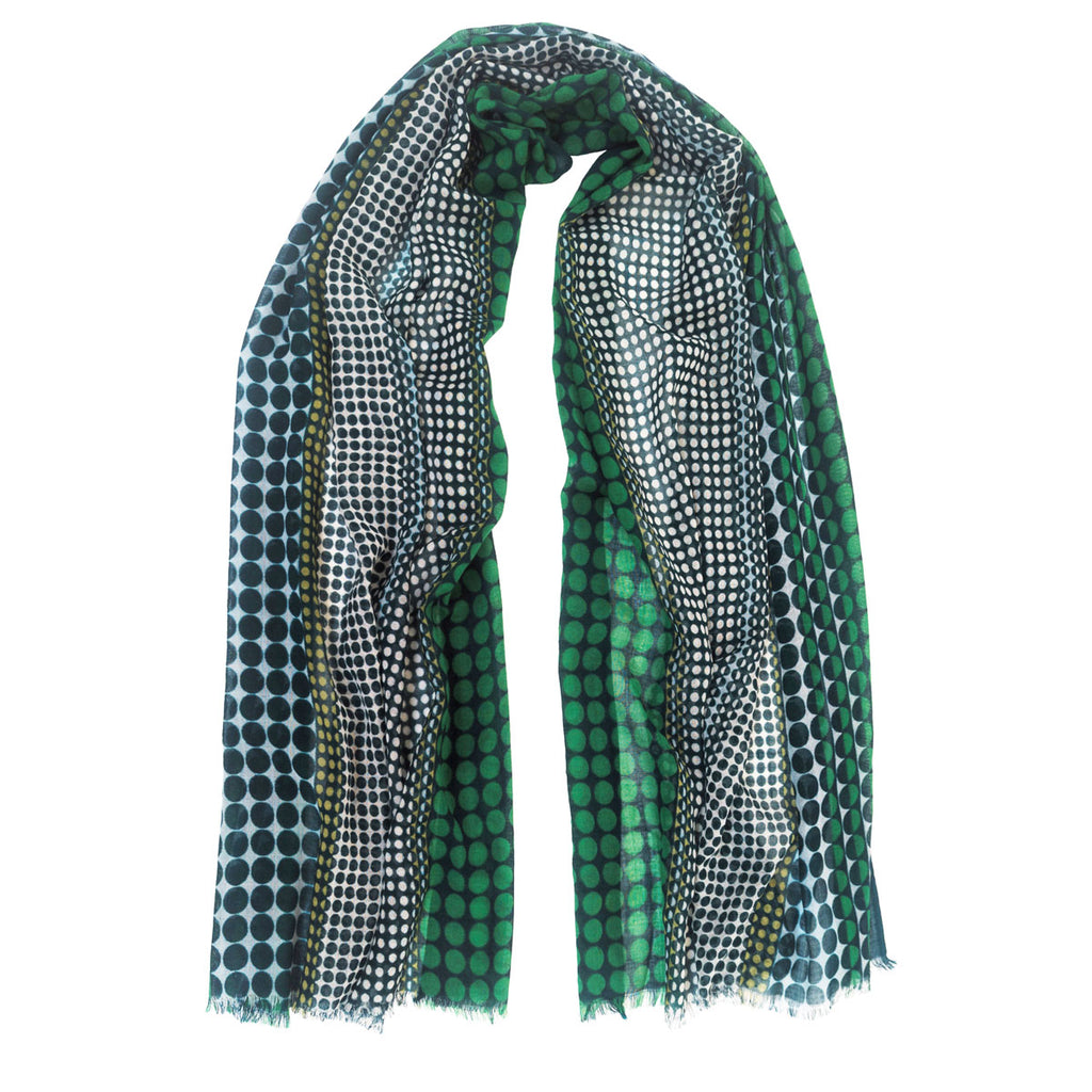 Lightweight wool scarf with a pattern of green, pale blue, and turquoise polka dots.