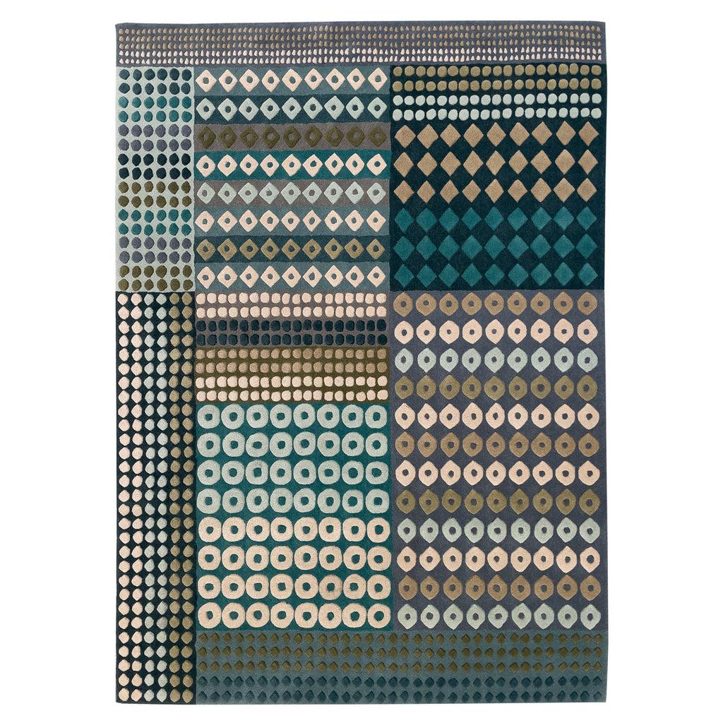 colourful rug, luxury rug, geometric rug, modern rug, wool rug, blue rug, green rug, diamond shaped rug, dotted rug 