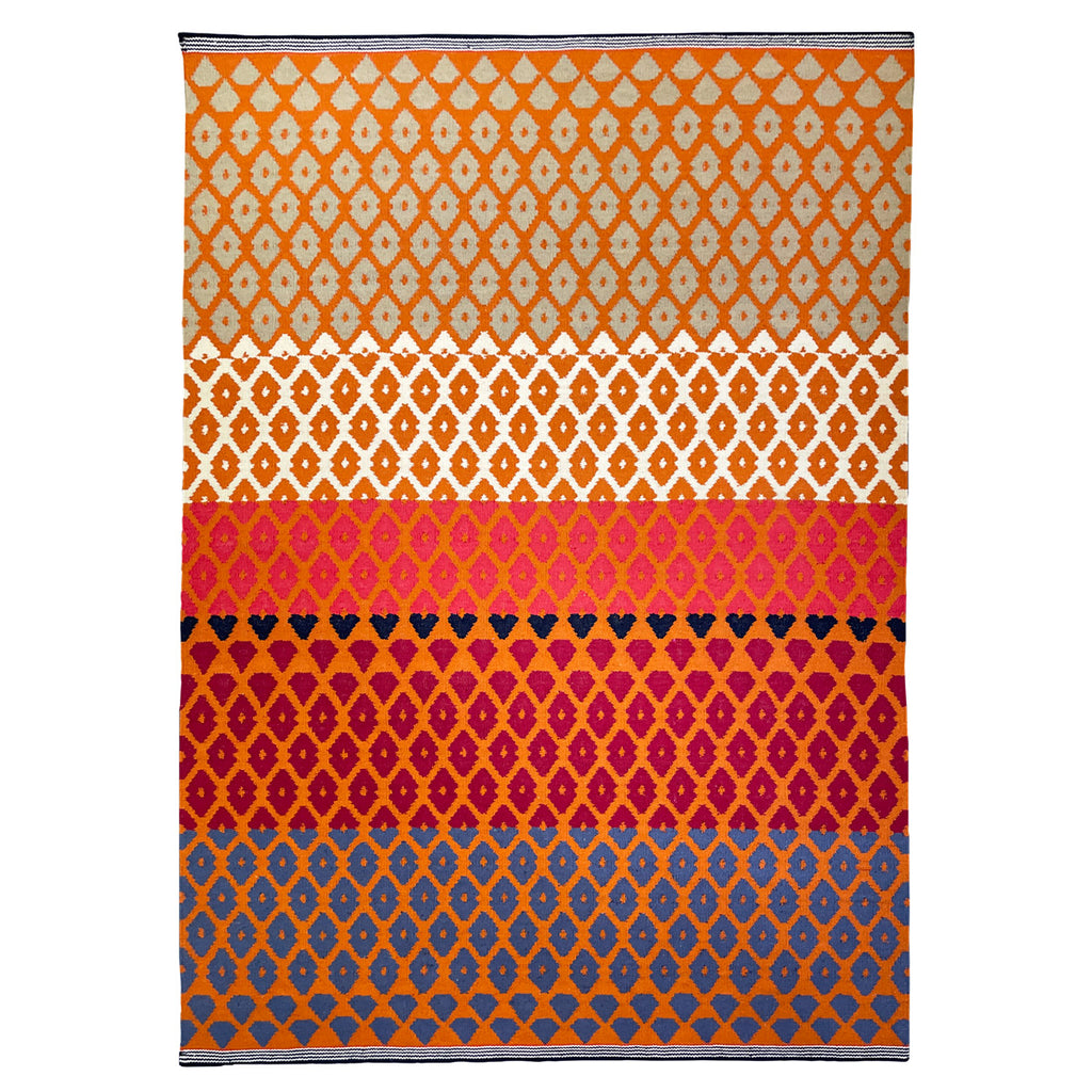 Geometric pattern, colourful rugs, designer rugs, luxury rugs, wool rugs, geometric rug, modern rug, orange rug, red rug, diamond shaped rug 