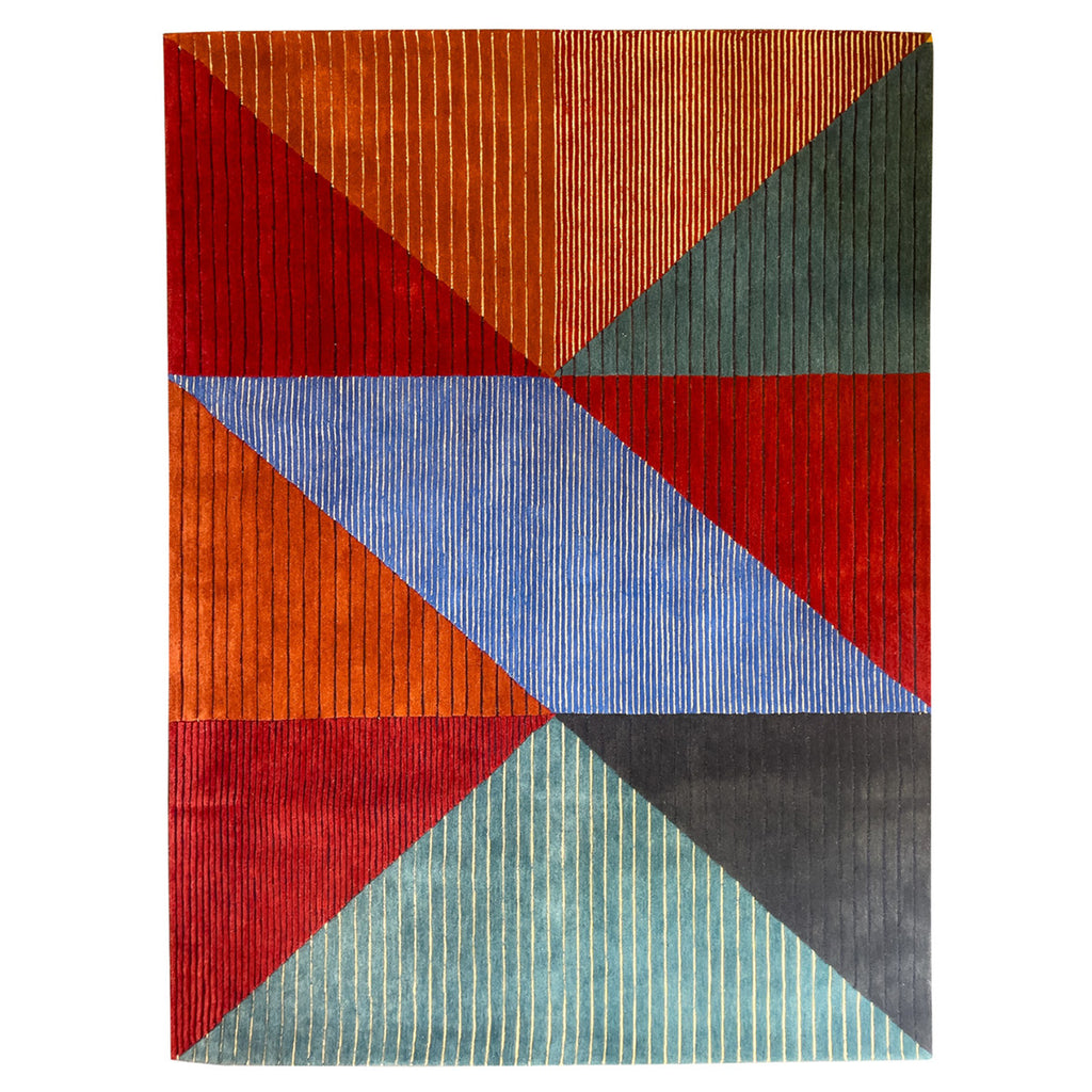 Geometric pattern, colourful rugs, designer rugs, luxury rugs, wool rugs, geometric rug, modern rug, triangle rug, red rug, orange rug, 